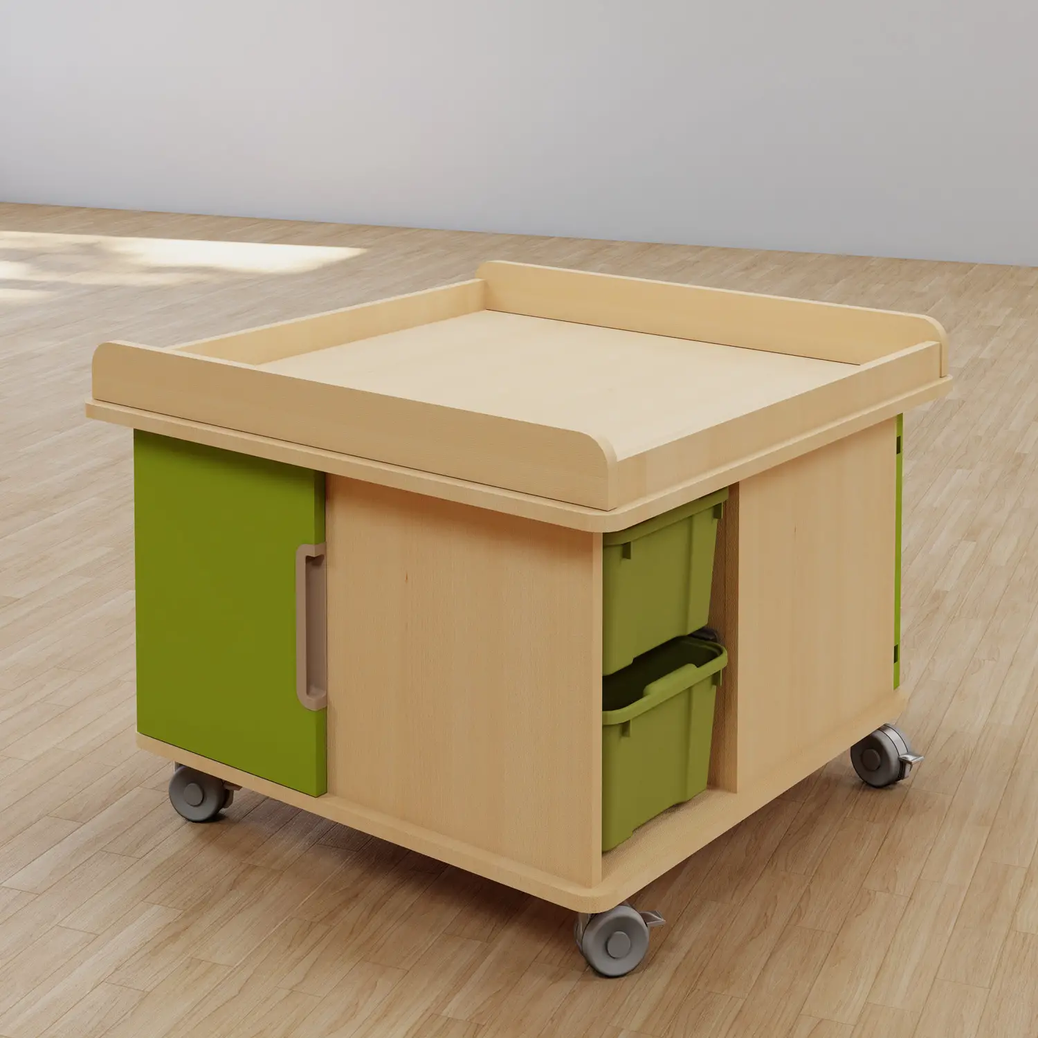 Tavolo Gioco su Ruote per Bambini con Ante e Contenitori – Mobile Montessori 2 in 1 - tavoli gioco