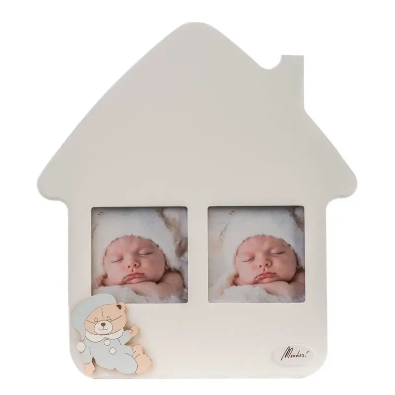 PORTA FOTO CASETTA LEGNO BIANCO 2 FOTO CON ORSO LEGNO CELESTE - complementi d'arredo