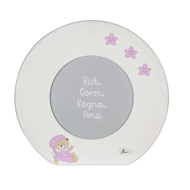 PORTA FOTO IN LEGNO BIANCO CON ORSO ROSA TONDO DIAM.32 - complementi d'arredo