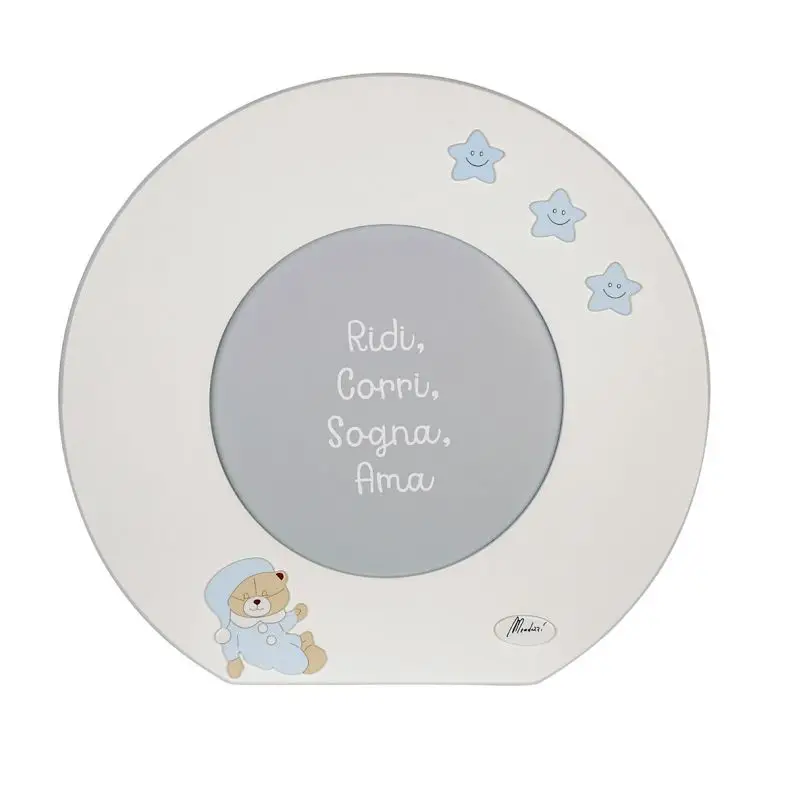Porta Foto in Legno Bianco con Orso Celeste Tondo Diametro32 - complementi d'arredo