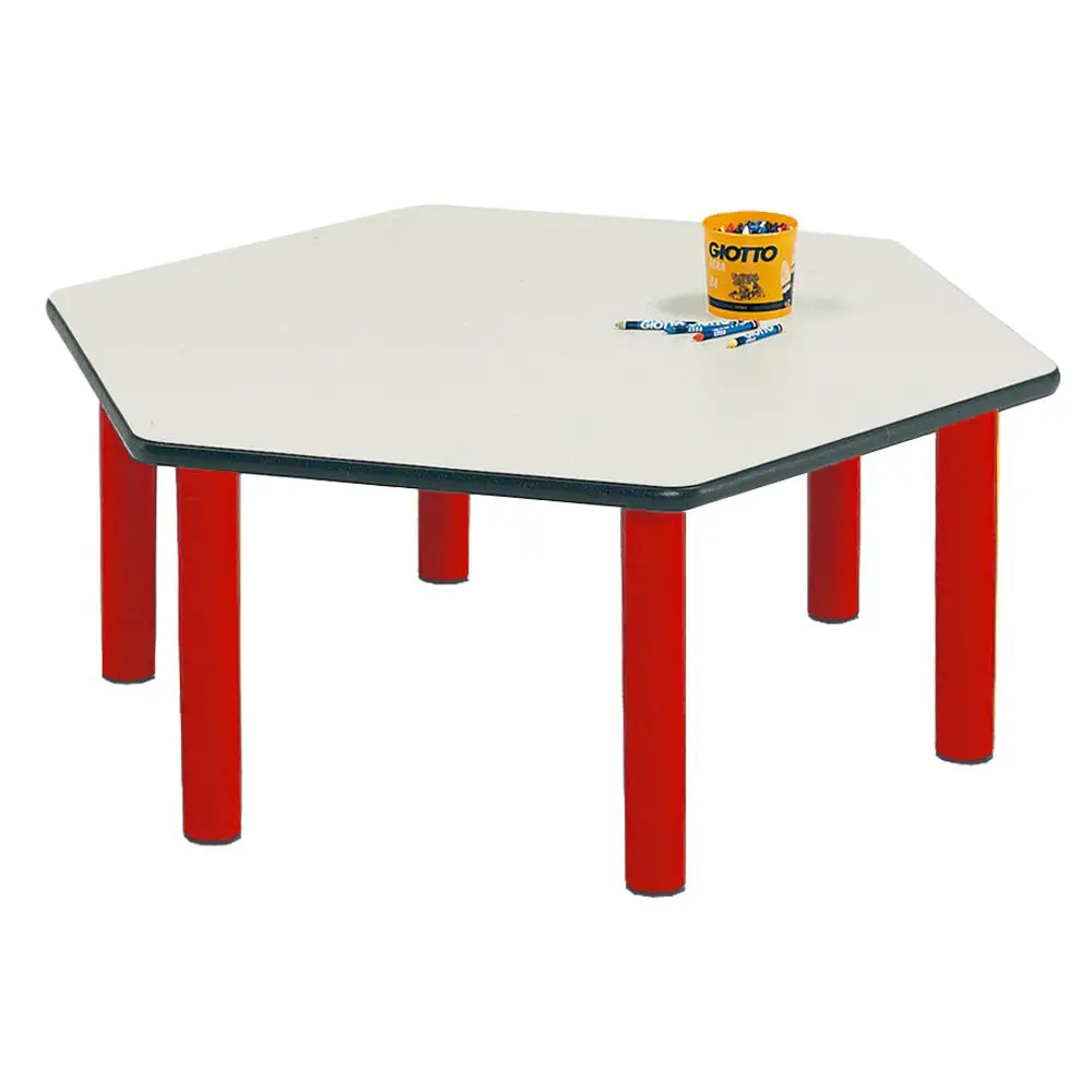 Tavolo Scuola Infanzia Esagonale Color – Misura 2, Gambe Rosse, H 52 cm - Tavoli e Cattedre