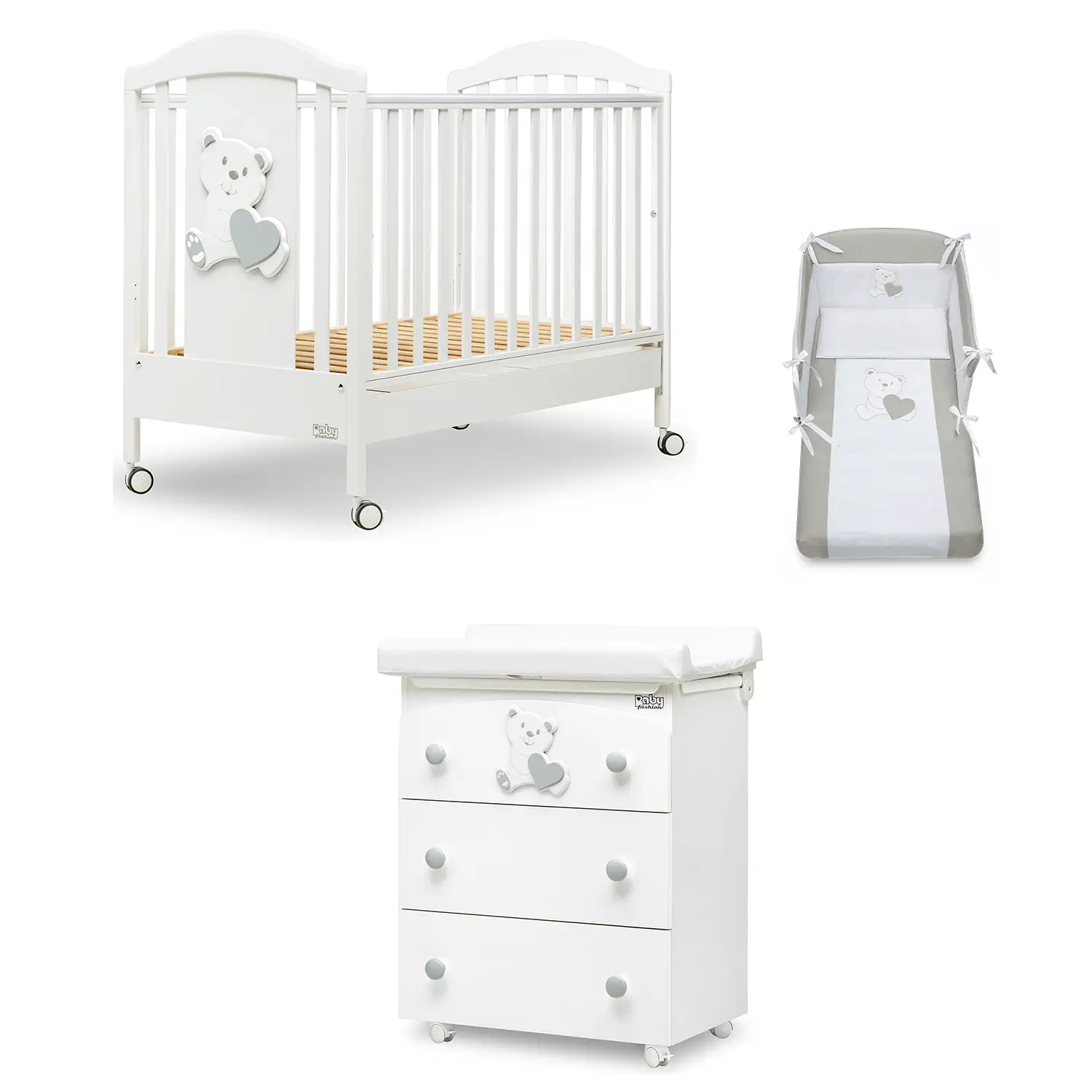 Kit Teddy Bianco/Grigio – Letto, Bagnetto e Tessile per Neonati - collezioni