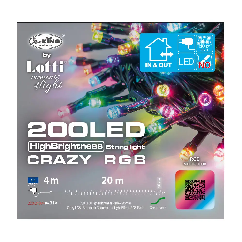 Luci di Natale Lotti - Catena Crazy RGB 200 Led Multicolor - Filo Verde da 20 metri - luci
