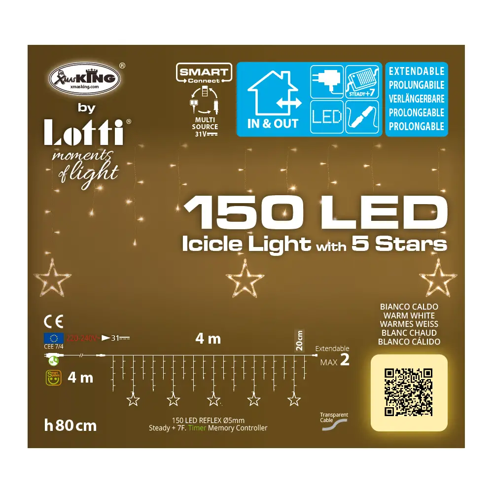 Catena Luminosa Ice Light con 5 Stelle, 150 LED Bianco Caldo 4 m - luci