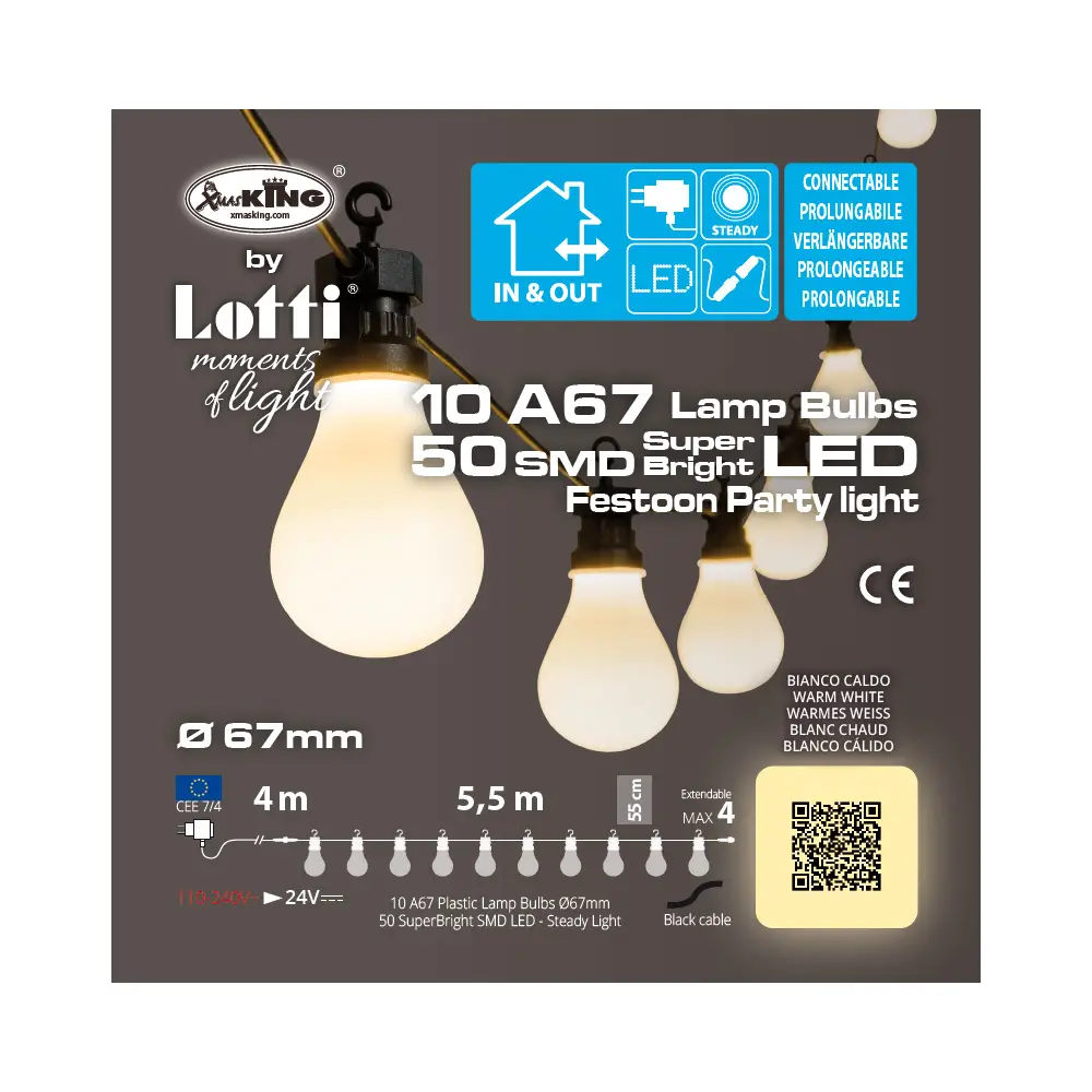 Catena Luci Party 10 Lampade A67 SMD Milky – 4+5,5 m - lampade da parete