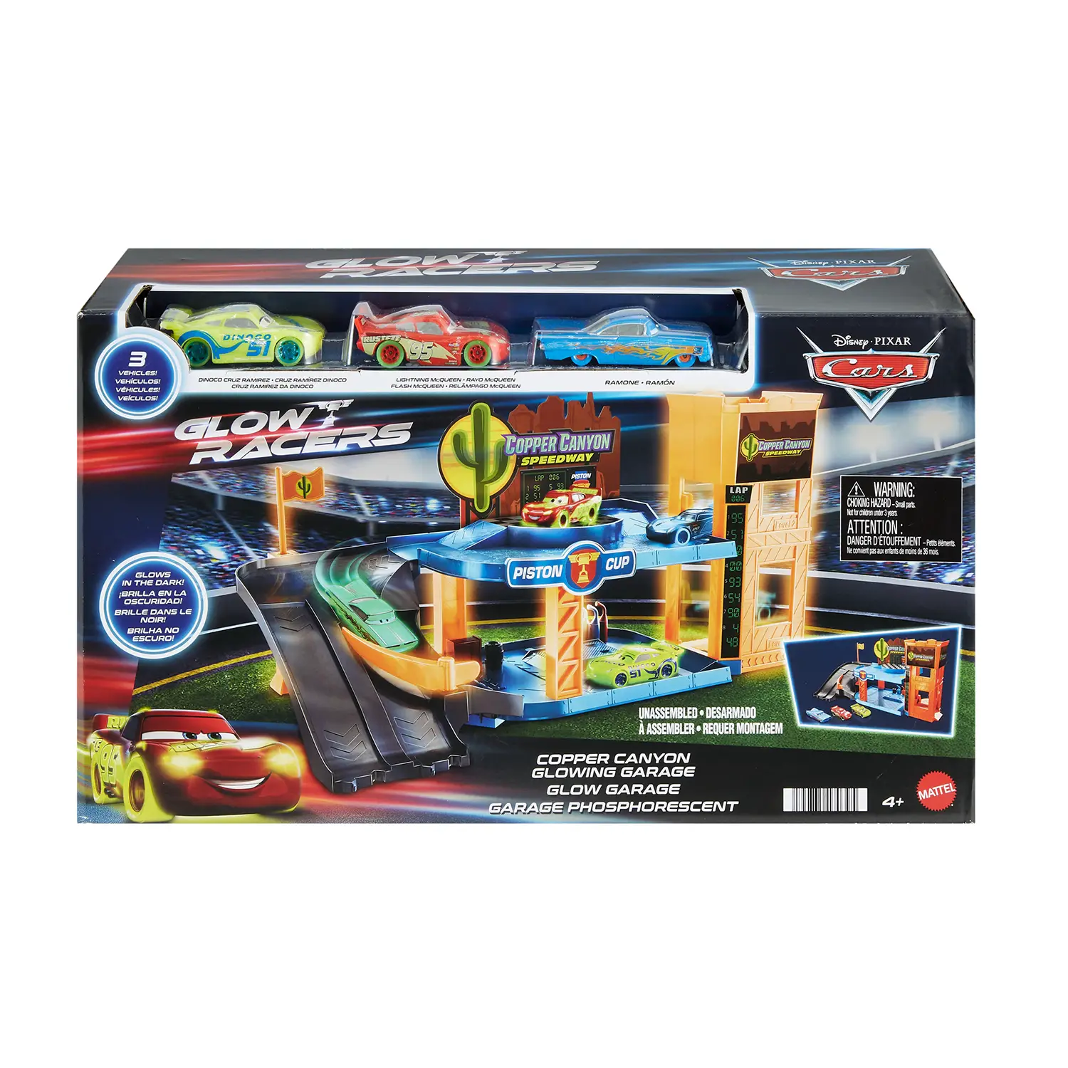 Cars Glow Racers Garage Fluo - Playset 2 Piani con 3 Auto - play set