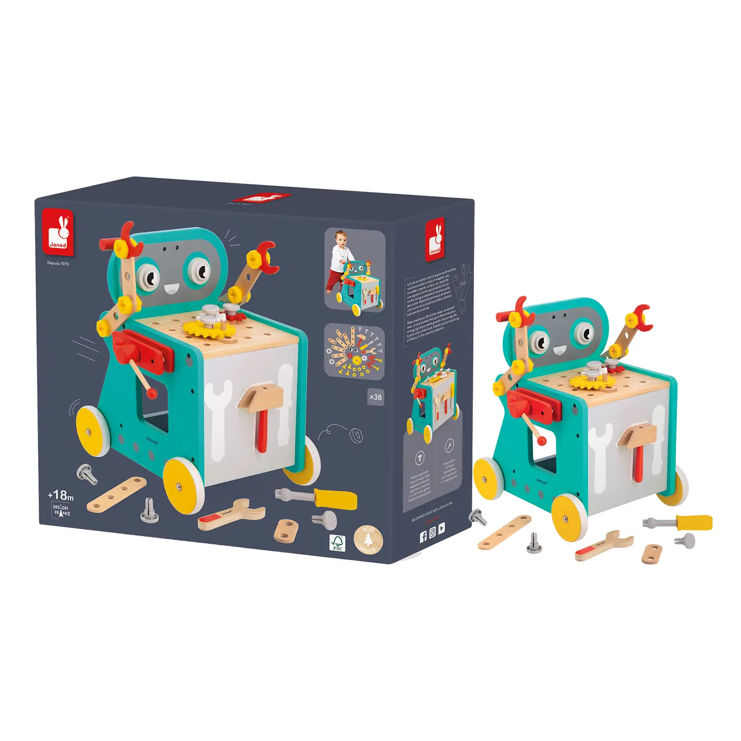 Janod - Carrellino degli Attrezzi Robot Brico'Kids con Accessori - Primi giochi