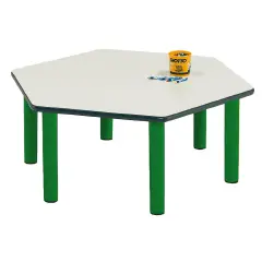 Tavolo Scuola Infanzia Esagonale Color – Misura 2, Gambe Verdi, H 52 cm