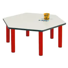 Tavolo Scuola Infanzia Esagonale Color – Misura 2, Gambe Rosse, H 52 cm